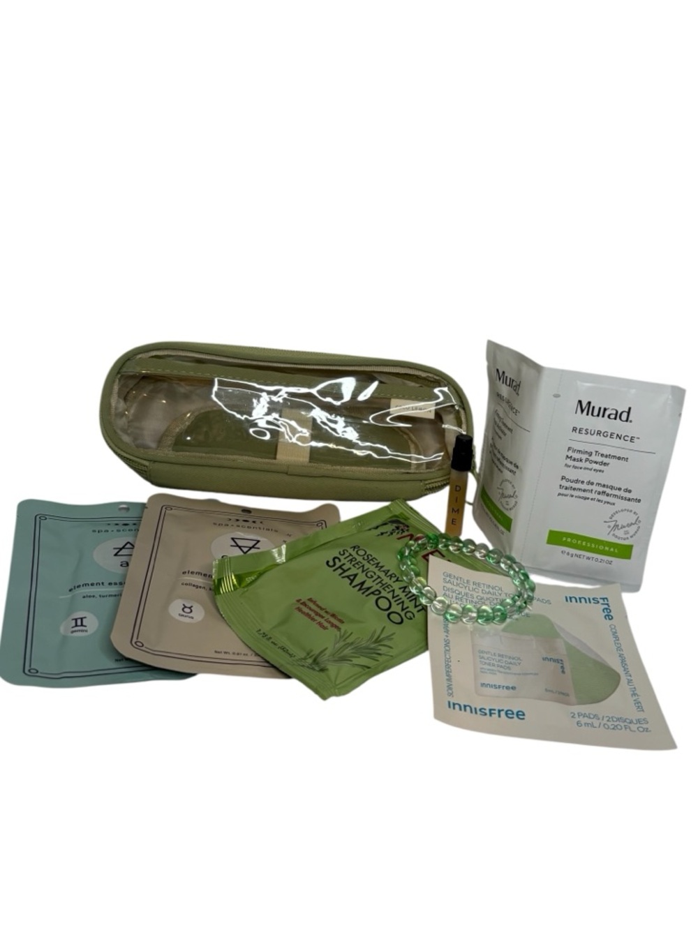 Brush Travel Bag Skincare Bundle with Dime perfume sample, face masks and Murad
